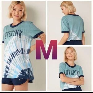 VS PINK CAMPUS RINGER TEE TIE DYE BLUE M NWT